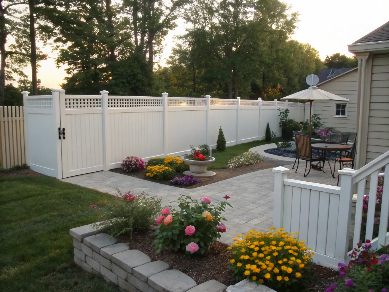 A sleek white vinyl fence installed along a residential backyard, showcasing clean lines and modern appeal. The fence provides privacy and enhances the aesthetic of the home.